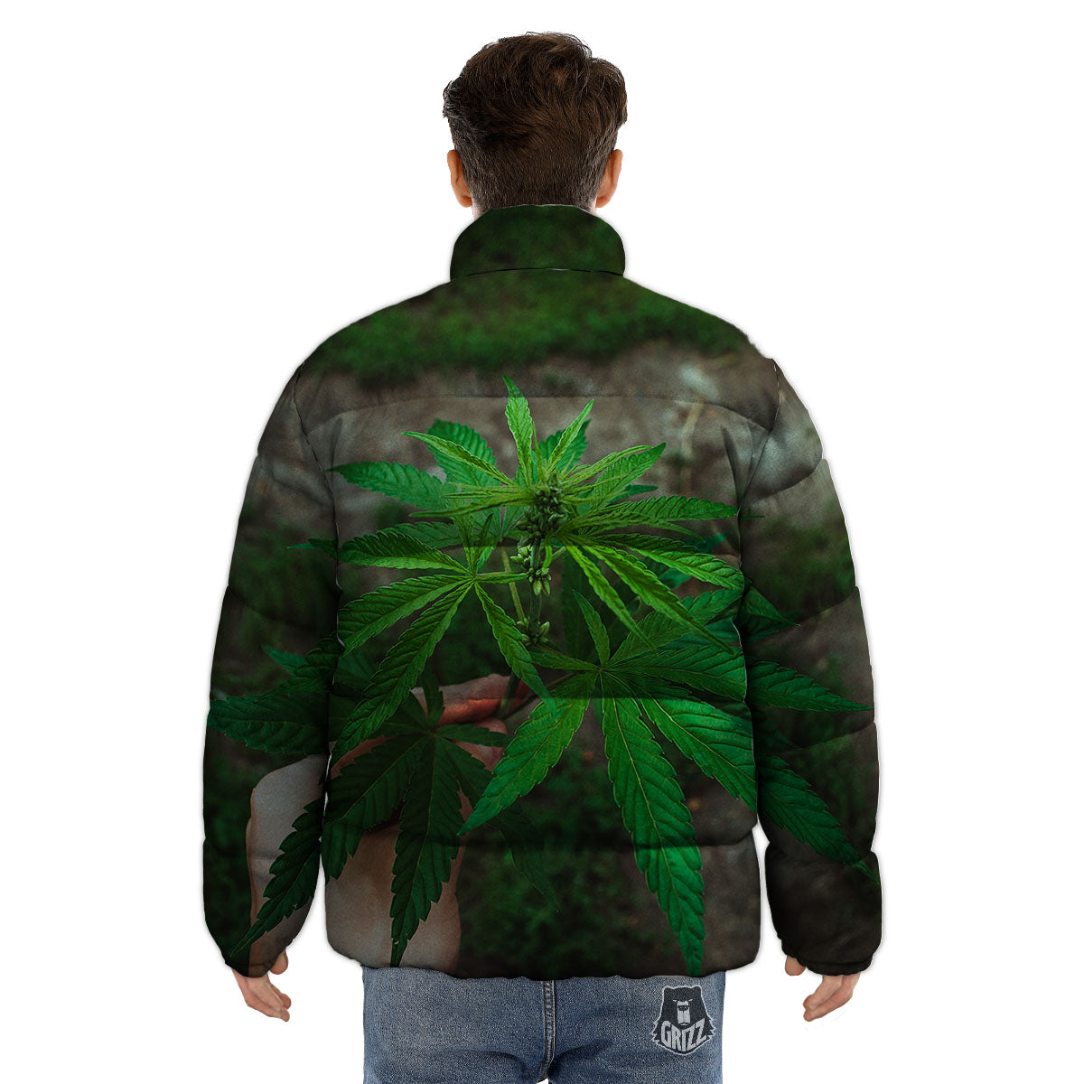 Cannabis Leaf Forest Green Print Puffer Jacket-grizzshop
