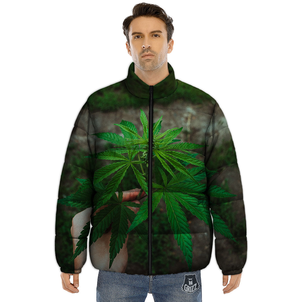 Cannabis Leaf Forest Green Print Puffer Jacket-grizzshop