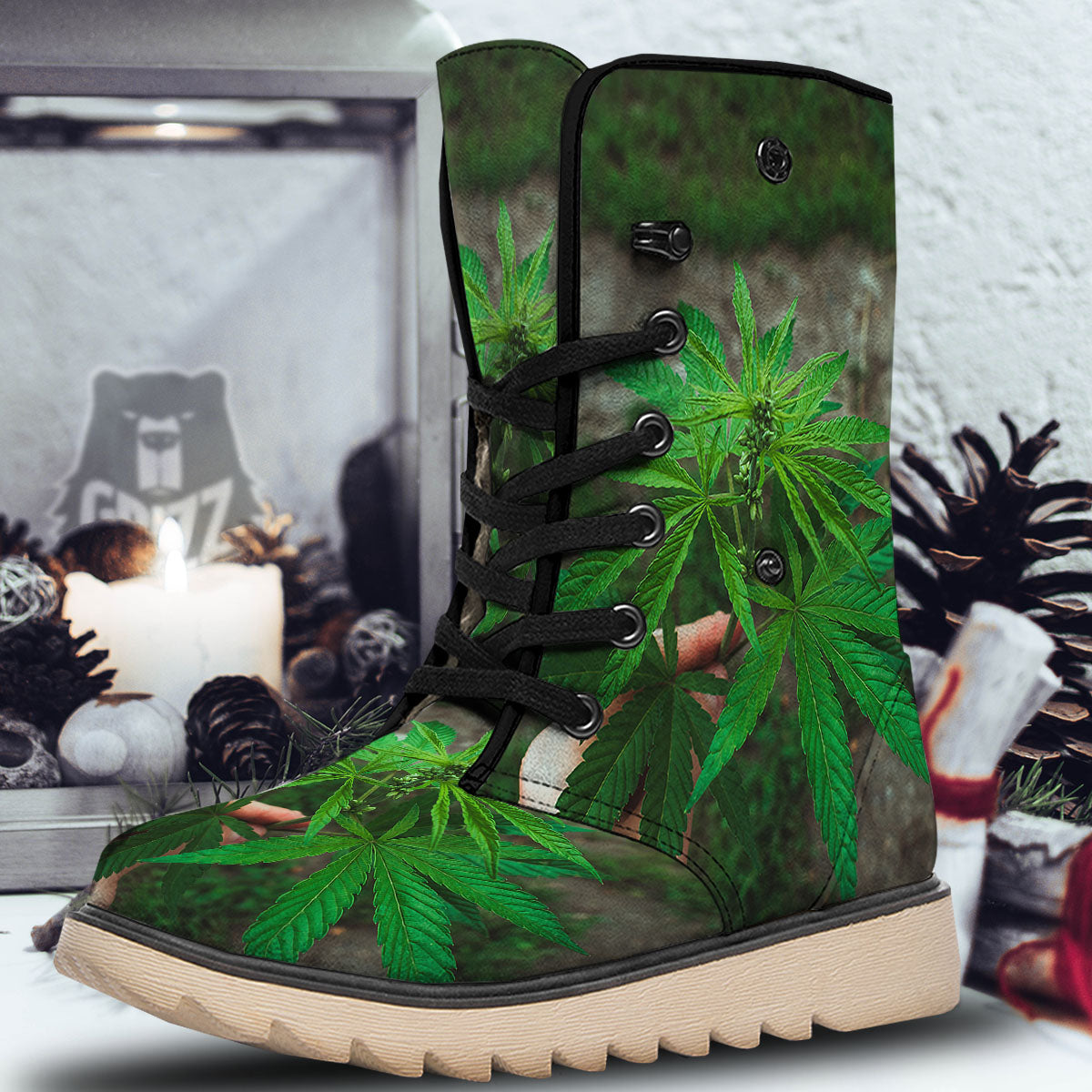 Cannabis Leaf Forest Green Print Snow Boots-grizzshop