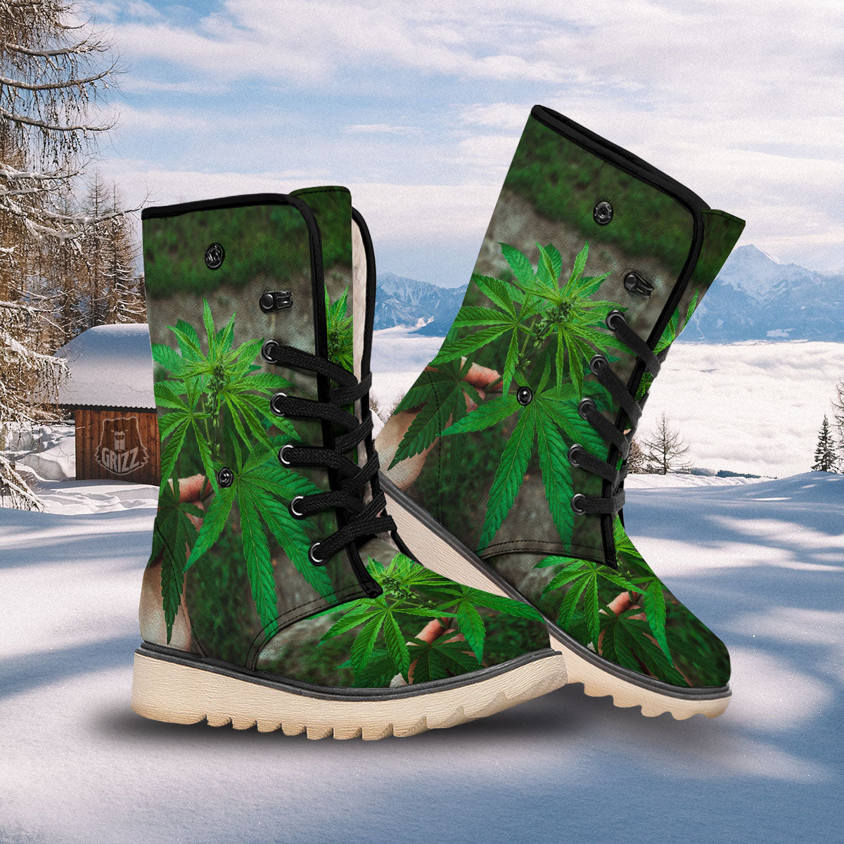 Cannabis Leaf Forest Green Print Snow Boots-grizzshop