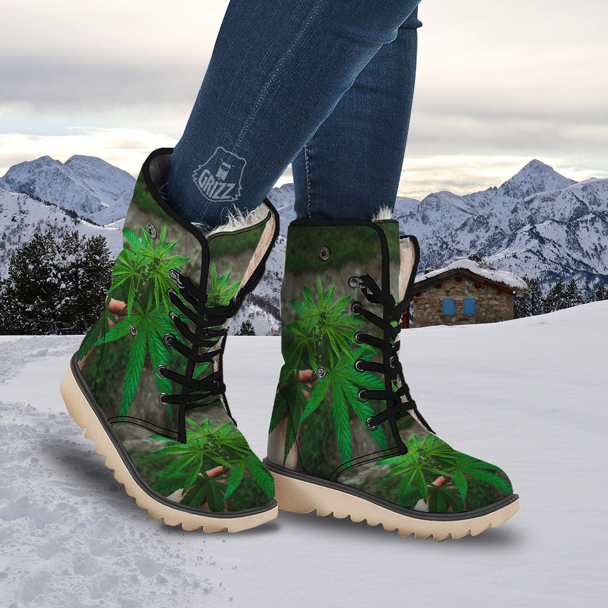 Cannabis Leaf Forest Green Print Snow Boots-grizzshop