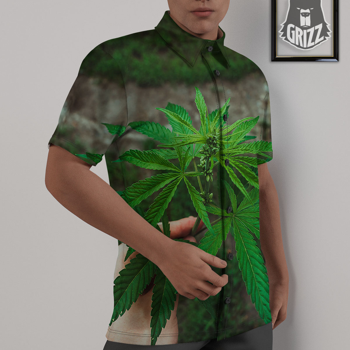 Cannabis Leaf Forest Green Print Untucked Shirts-grizzshop