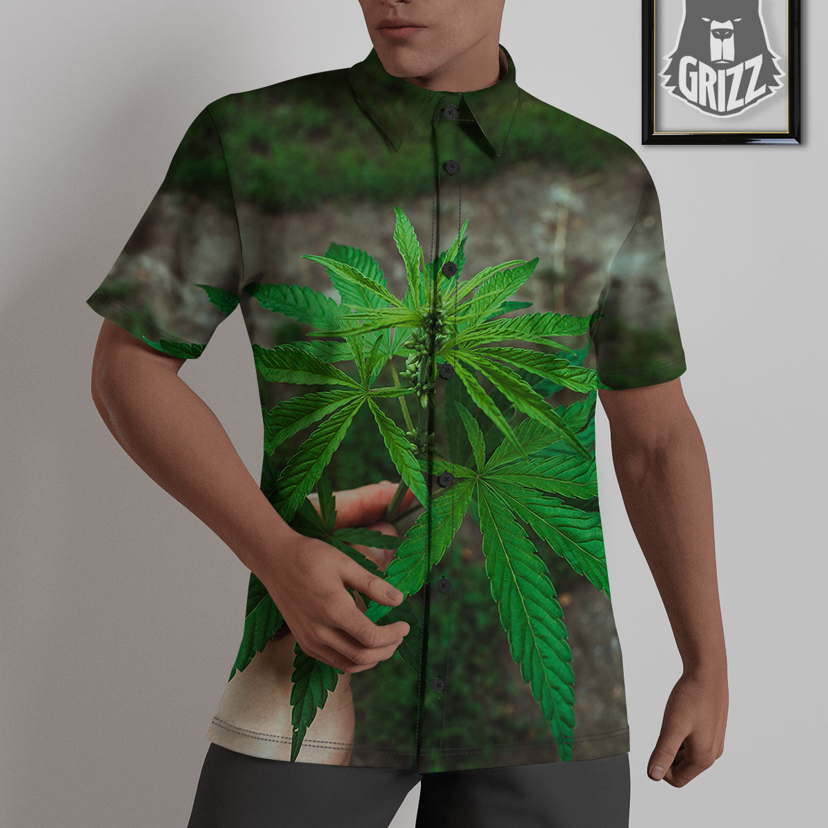 Cannabis Leaf Forest Green Print Untucked Shirts-grizzshop