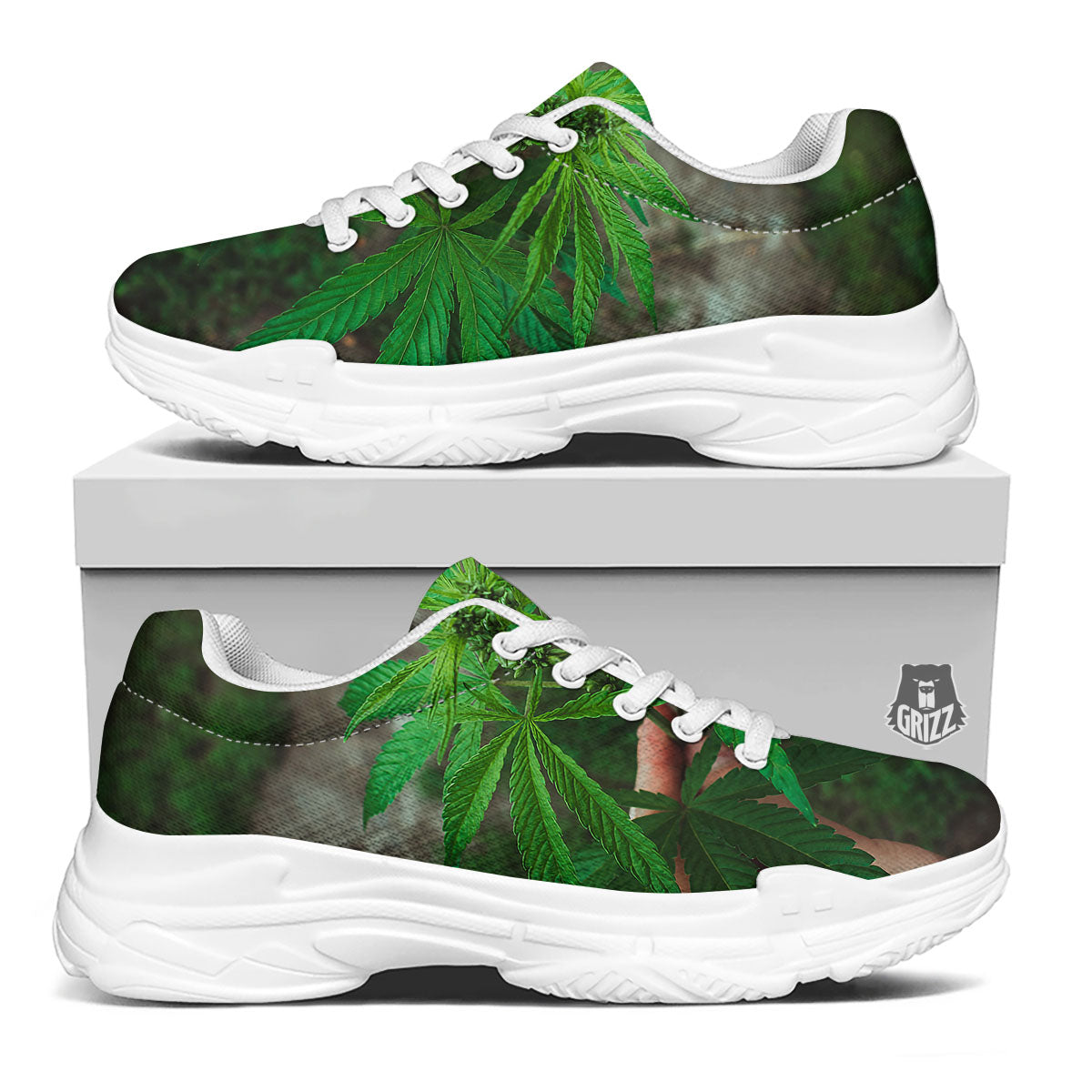 Cannabis Leaf Forest Green Print White Chunky Shoes-grizzshop