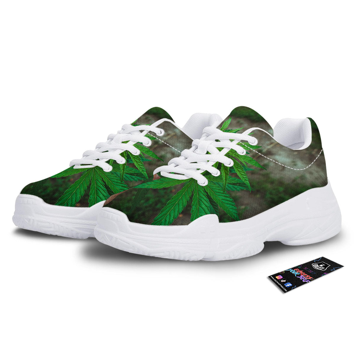 Cannabis Leaf Forest Green Print White Chunky Shoes-grizzshop