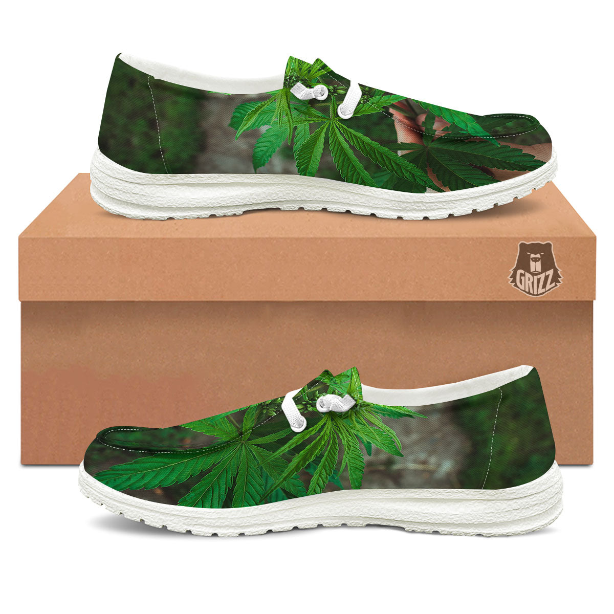Cannabis Leaf Forest Green Print White Loafers-grizzshop