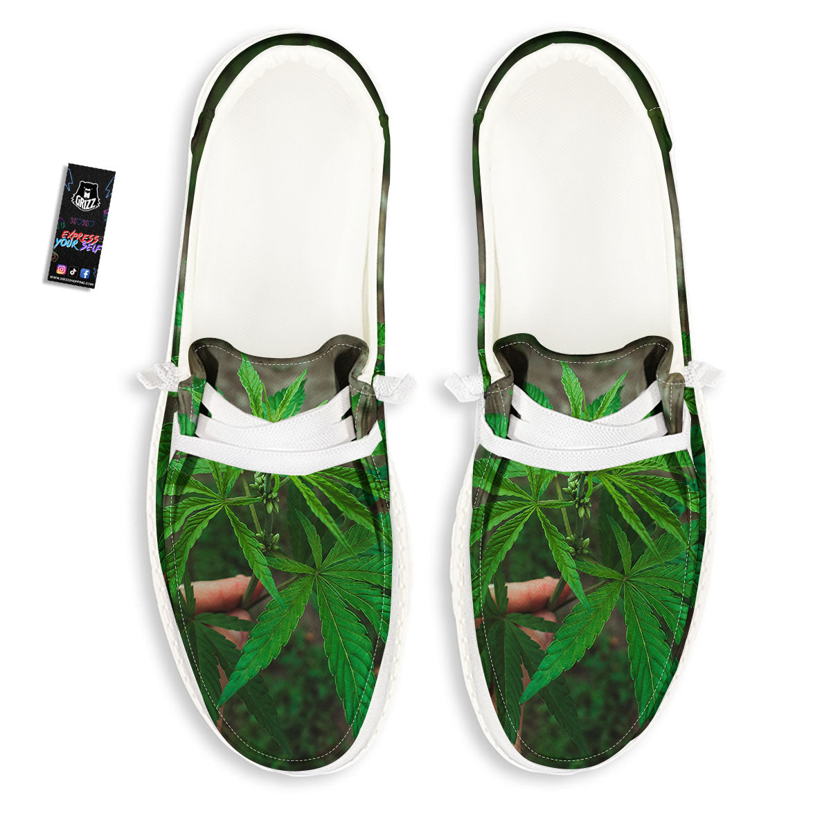 Cannabis Leaf Forest Green Print White Loafers-grizzshop