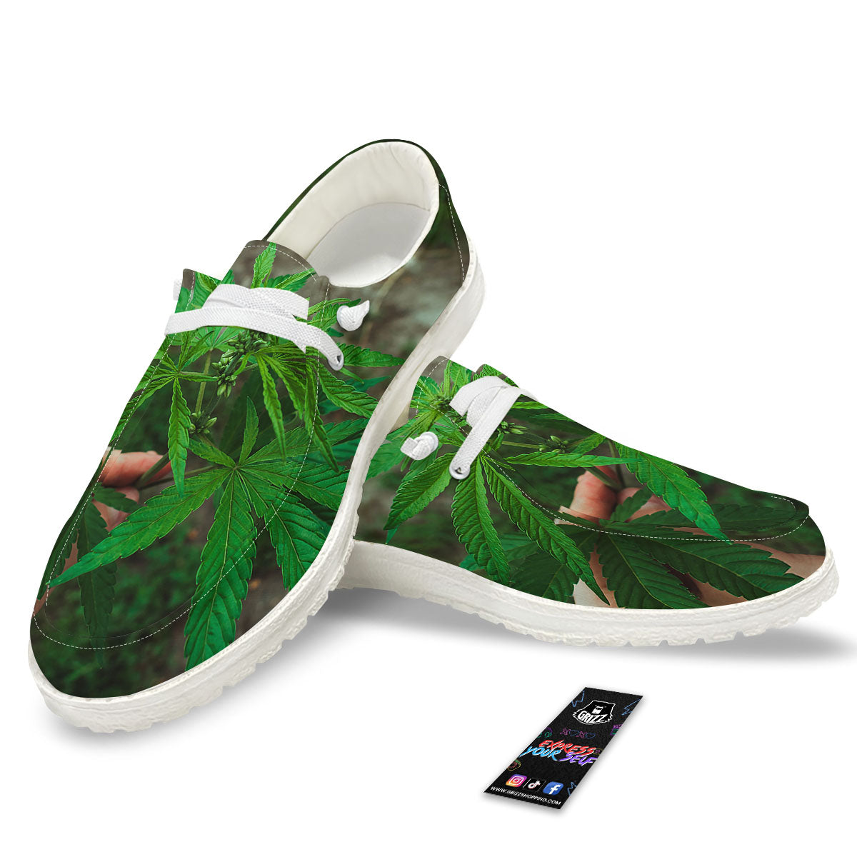 Cannabis Leaf Forest Green Print White Loafers-grizzshop