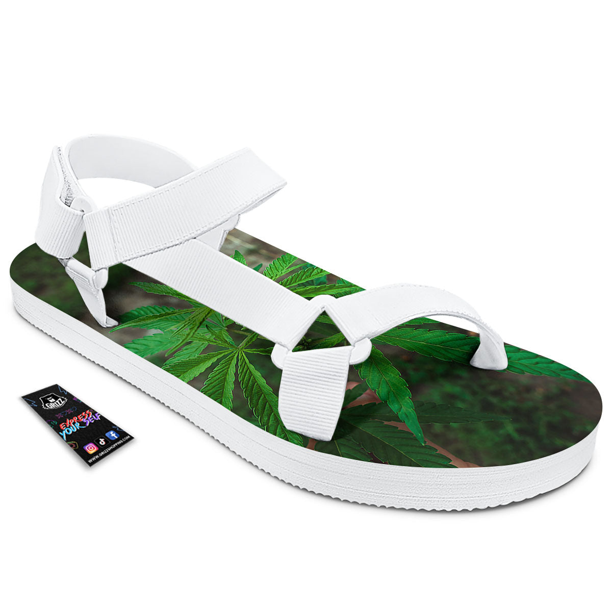 Cannabis Leaf Forest Green Print White Open Toe Sandals-grizzshop