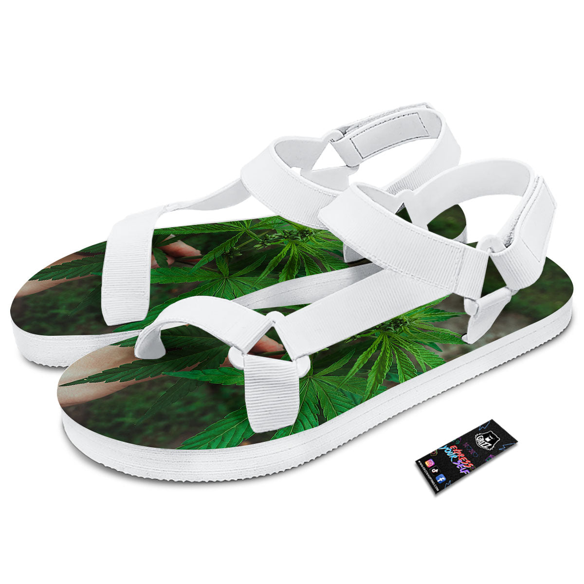 Cannabis Leaf Forest Green Print White Open Toe Sandals-grizzshop