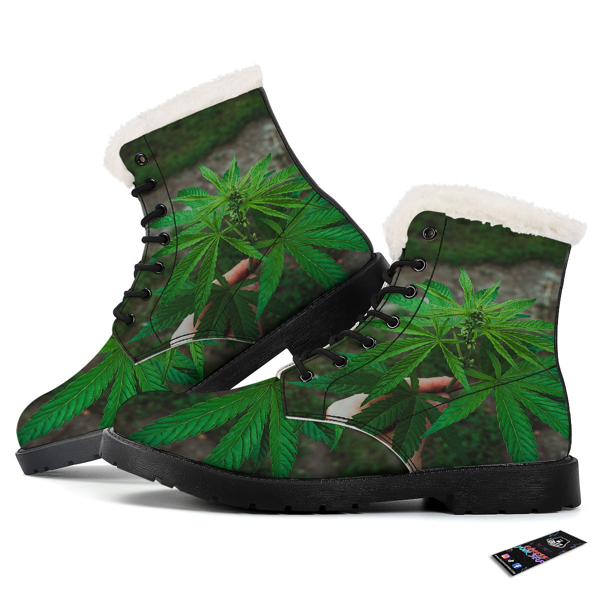 Cannabis Leaf Forest Green Print Winter Boots-grizzshop