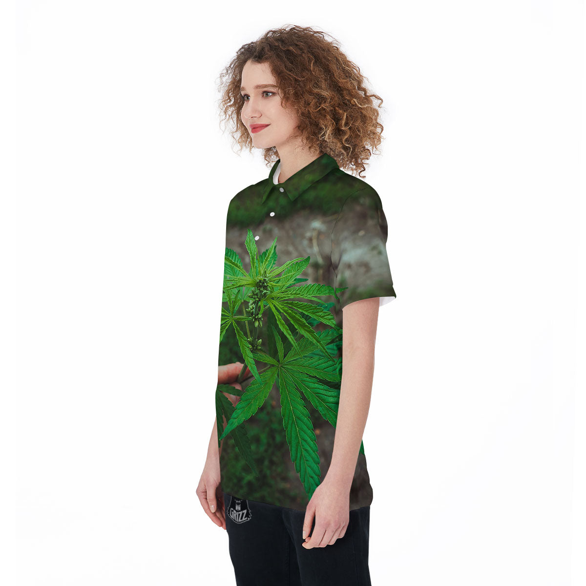 Cannabis Leaf Forest Green Print Women's Golf Shirts-grizzshop