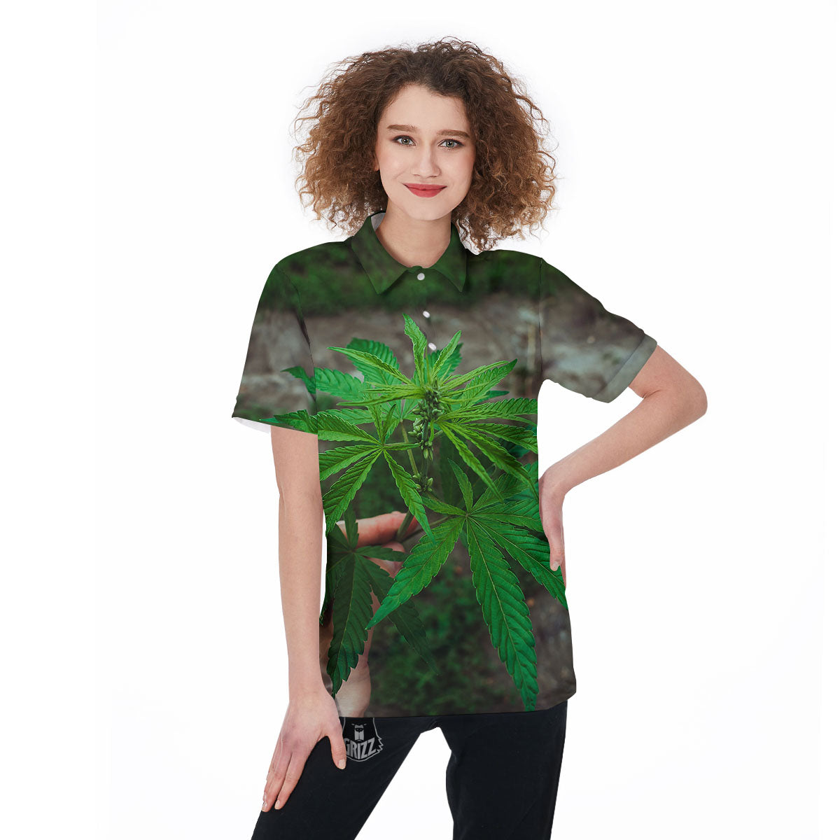 Cannabis Leaf Forest Green Print Women's Golf Shirts-grizzshop