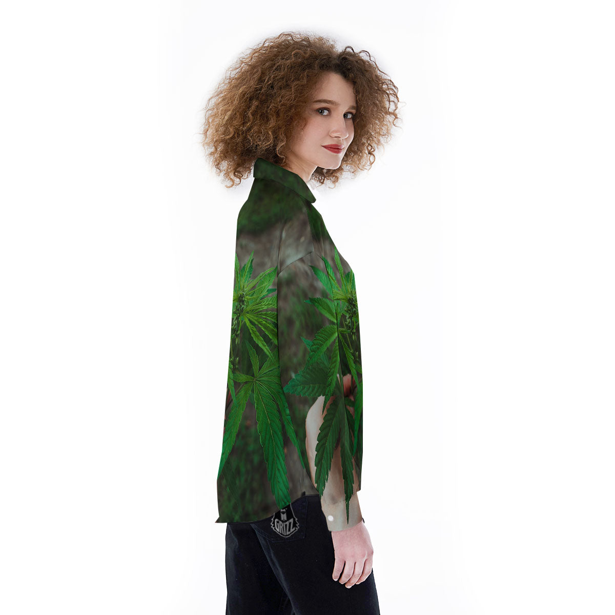 Cannabis Leaf Forest Green Print Women's Long Sleeve Shirts-grizzshop