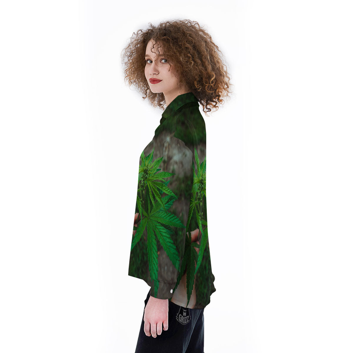 Cannabis Leaf Forest Green Print Women's Long Sleeve Shirts-grizzshop