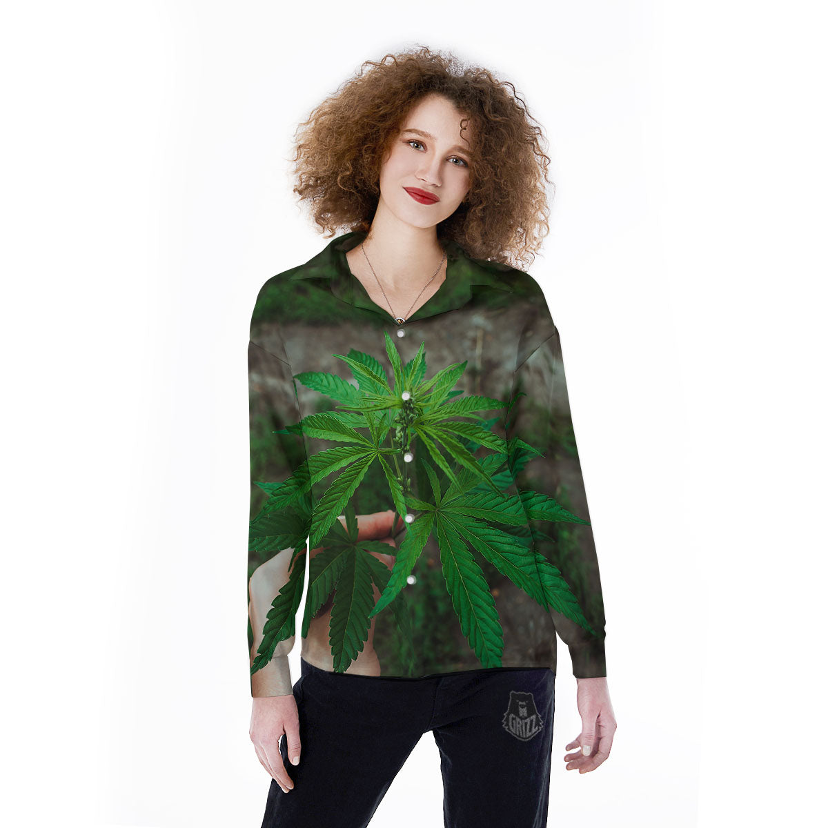 Cannabis Leaf Forest Green Print Women's Long Sleeve Shirts-grizzshop
