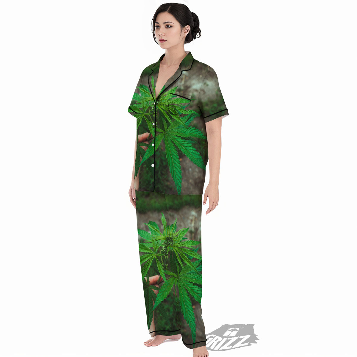 Cannabis Leaf Forest Green Print Women's Pajamas Set-grizzshop