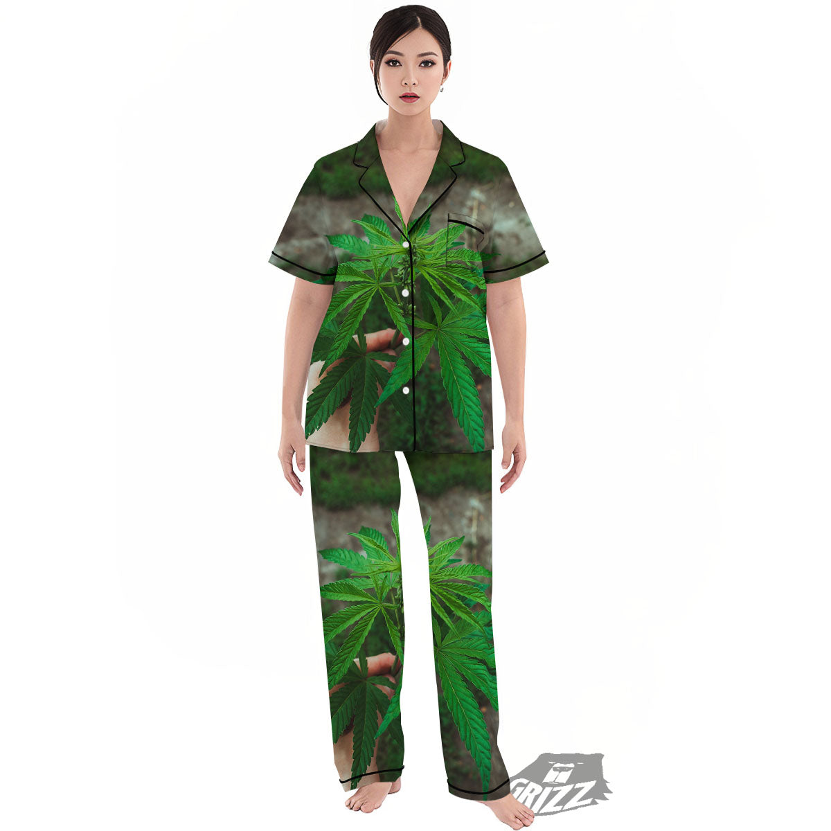 Cannabis Leaf Forest Green Print Women's Pajamas Set-grizzshop