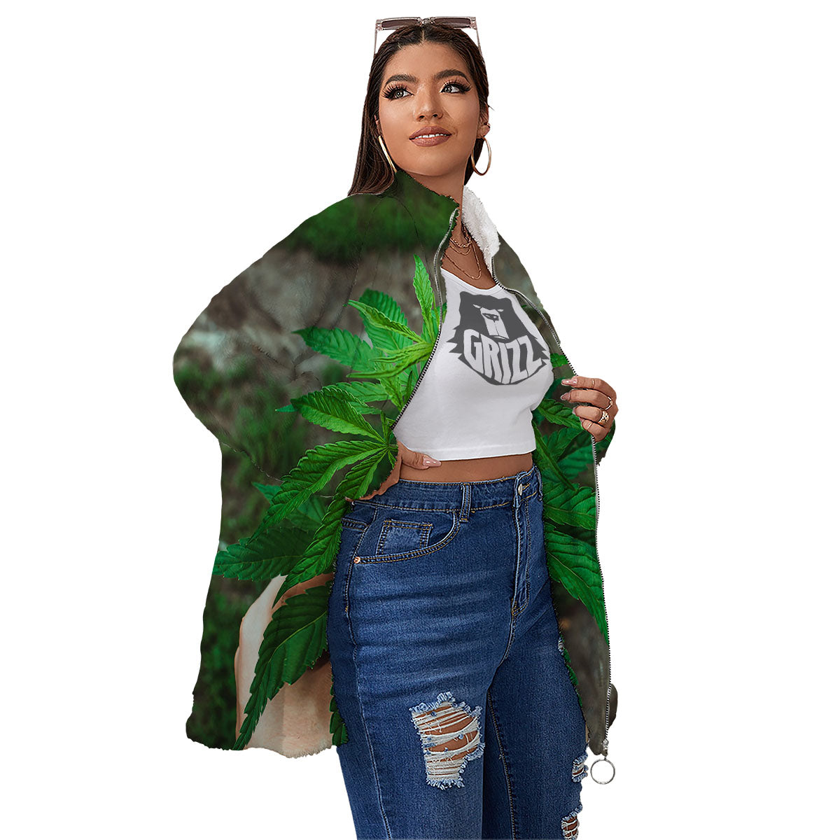 Cannabis Leaf Forest Green Print Women's Sherpa Jacket-grizzshop