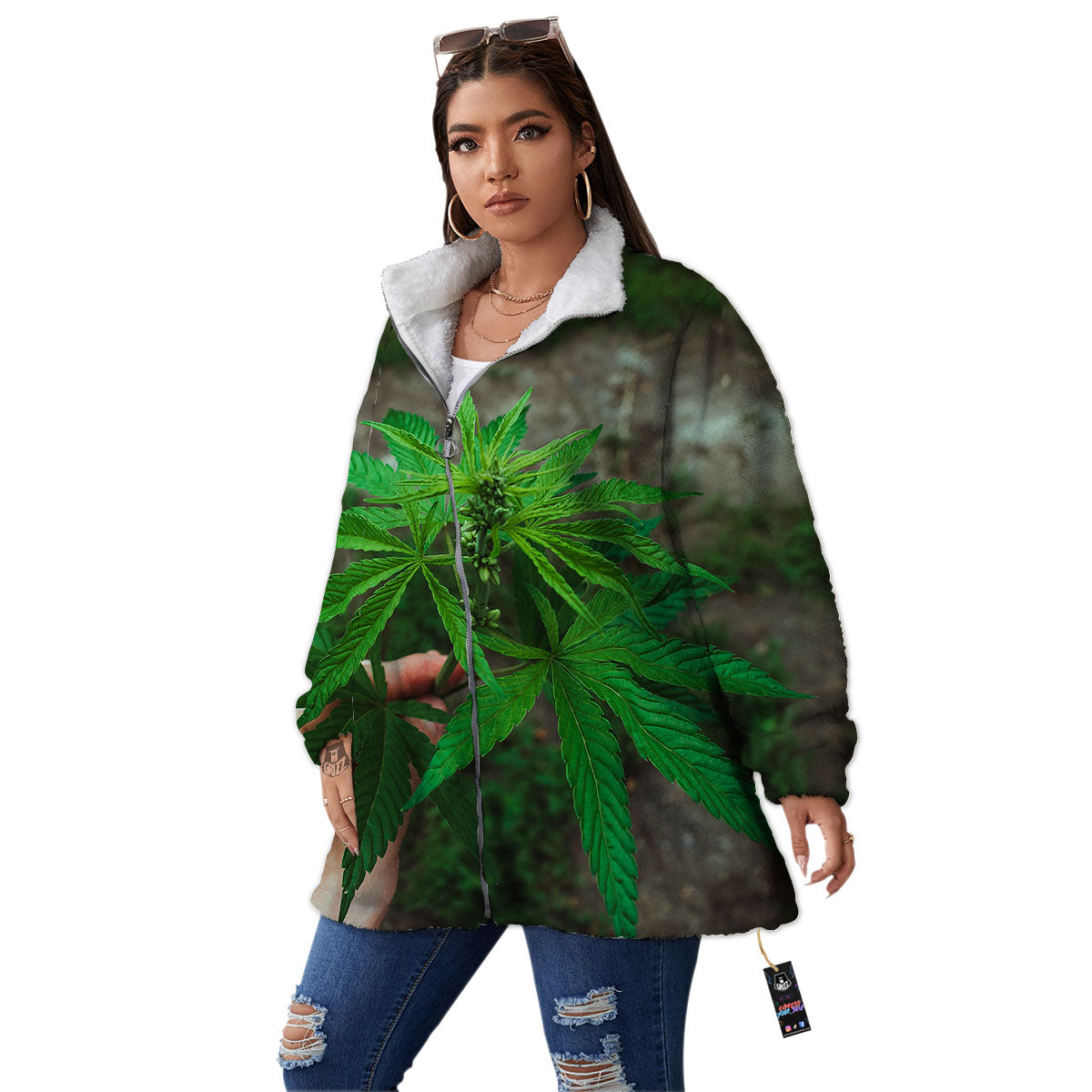Cannabis Leaf Forest Green Print Women's Sherpa Jacket-grizzshop