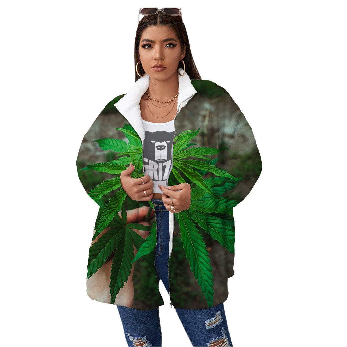 Cannabis Leaf Forest Green Print Women's Sherpa Jacket-grizzshop