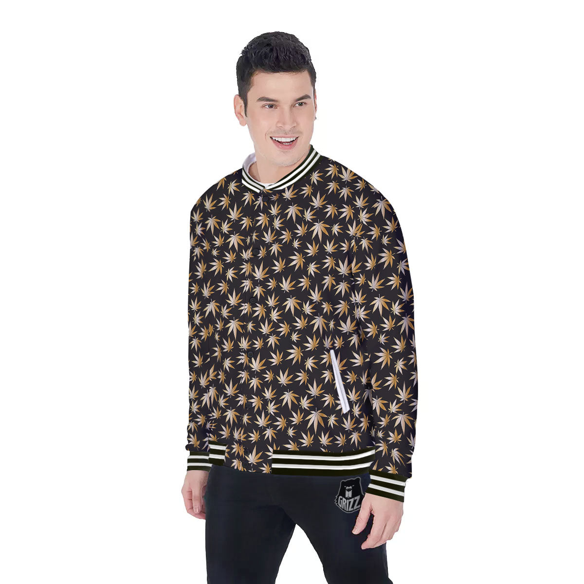Cannabis Leaf Gold Print Pattern Baseball Jacket-grizzshop
