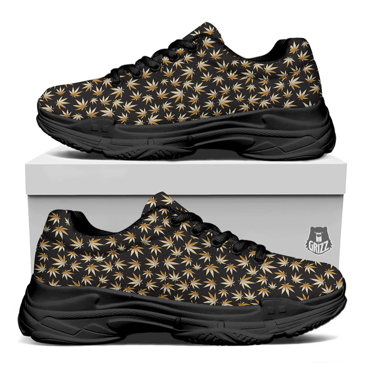 Cannabis Leaf Gold Print Pattern Black Chunky Shoes-grizzshop