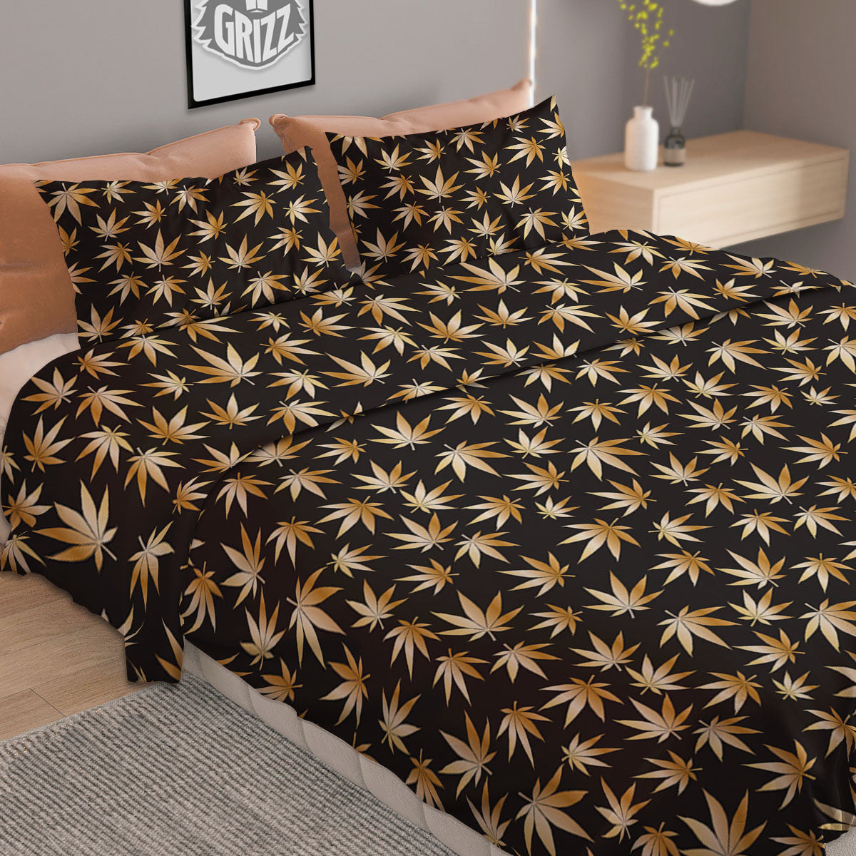 Cannabis Leaf Gold Print Pattern Duvet Cover Bedding Set