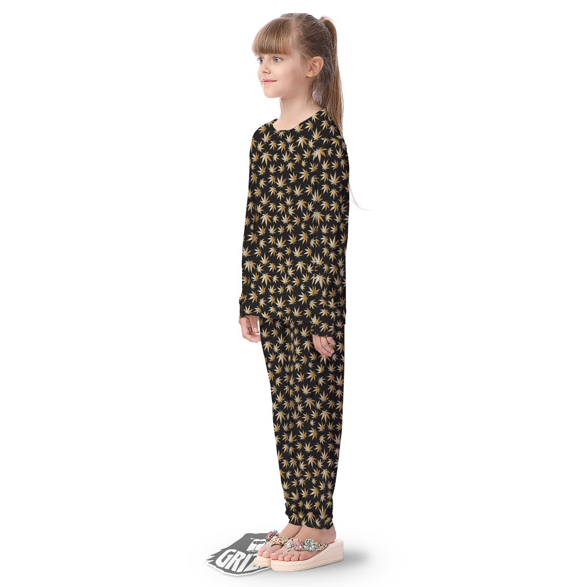 Cannabis Leaf Gold Print Pattern Kid's Pajamas-grizzshop