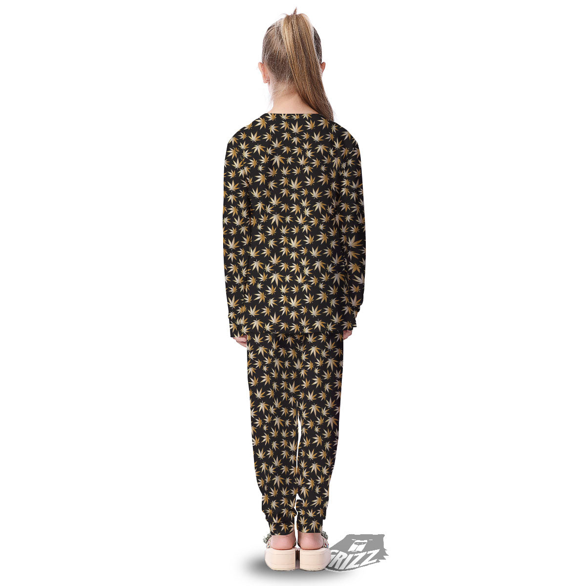 Cannabis Leaf Gold Print Pattern Kid's Pajamas-grizzshop