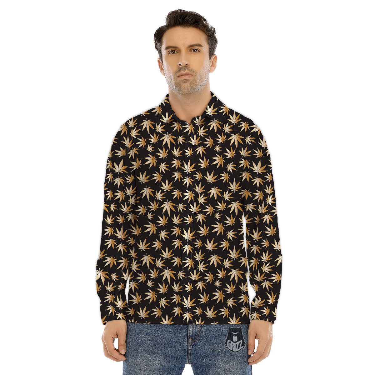 Cannabis Leaf Gold Print Pattern Men's Dress Shirts-grizzshop