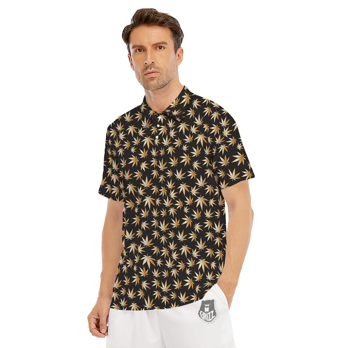 Cannabis Leaf Gold Print Pattern Men's Golf Shirts-grizzshop