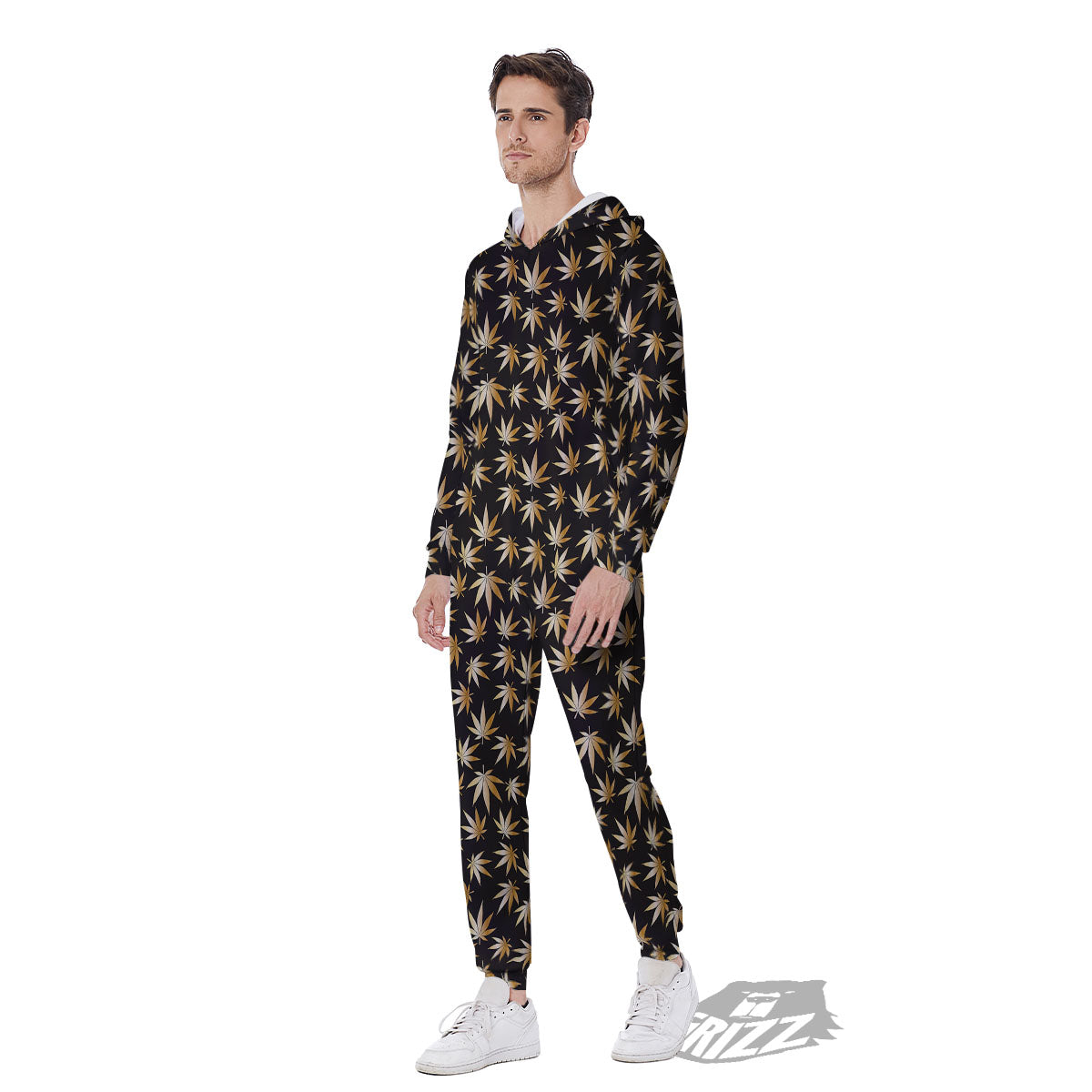 Cannabis Leaf Gold Print Pattern Men's Jumpsuit-grizzshop