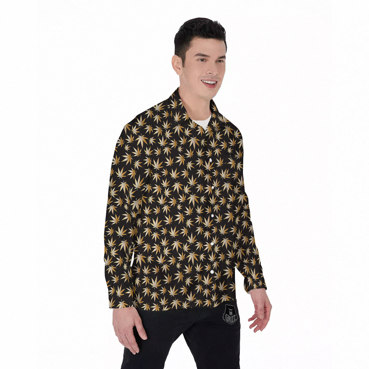 Cannabis Leaf Gold Print Pattern Men's Long Sleeve Shirts-grizzshop