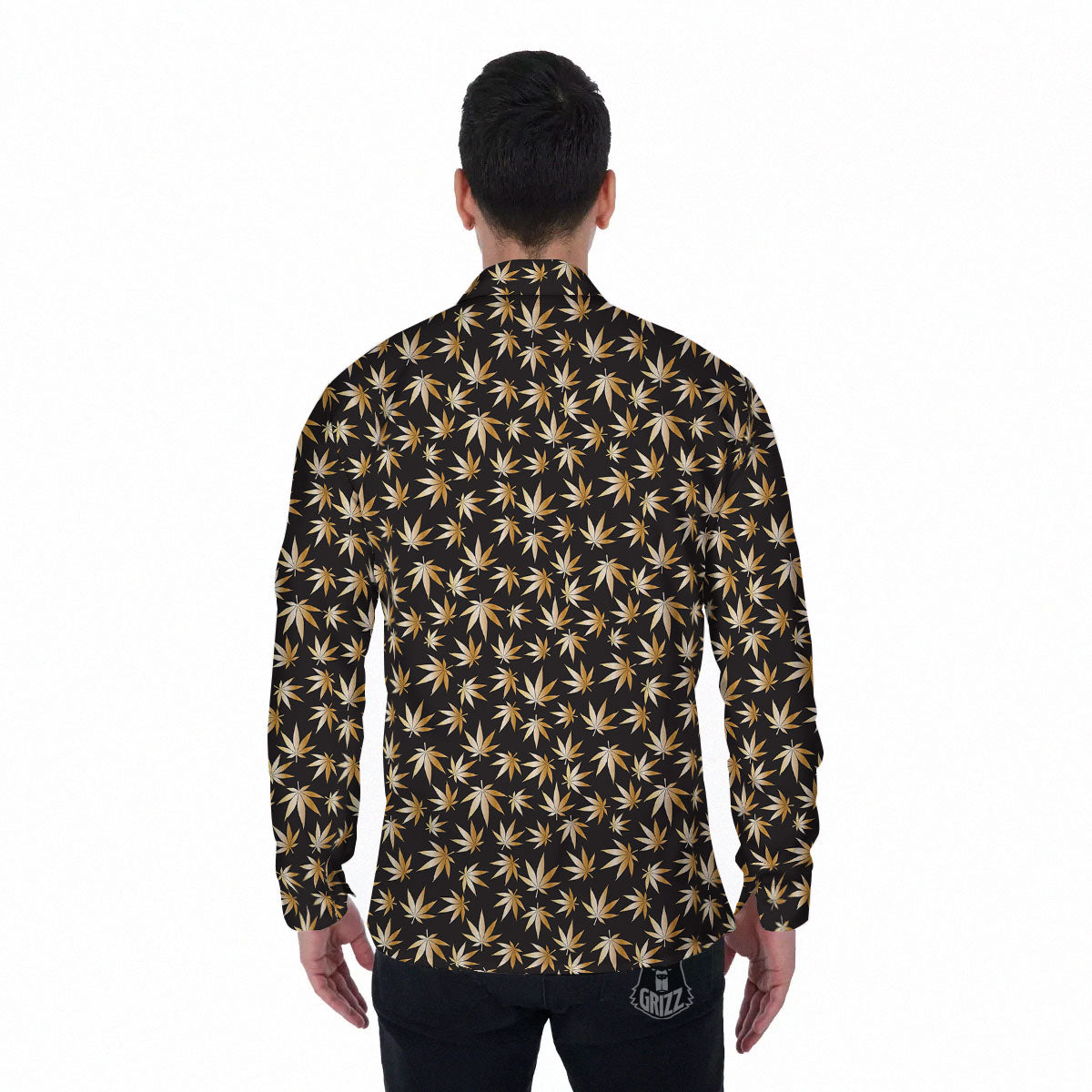 Cannabis Leaf Gold Print Pattern Men's Long Sleeve Shirts-grizzshop