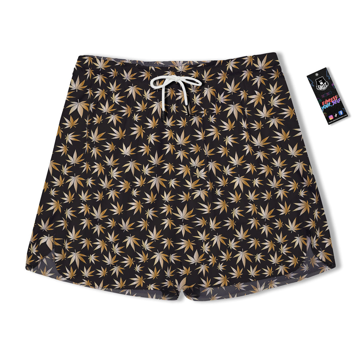 Cannabis Leaf Gold Print Pattern Men's Running Shorts-grizzshop