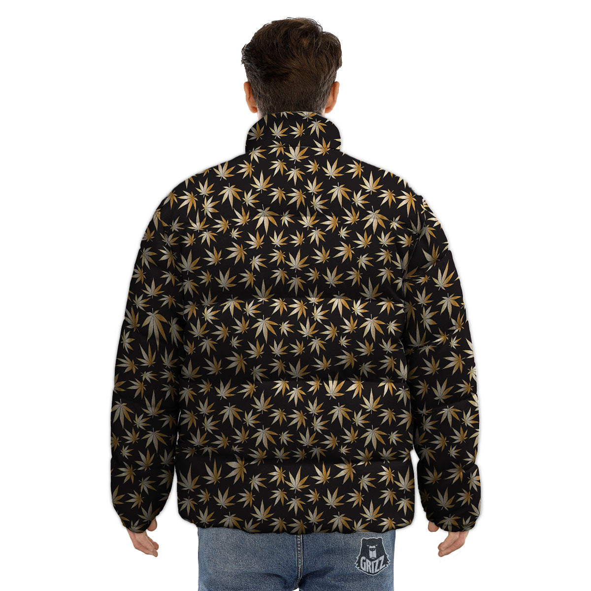 Cannabis Leaf Gold Print Pattern Puffer Jacket-grizzshop