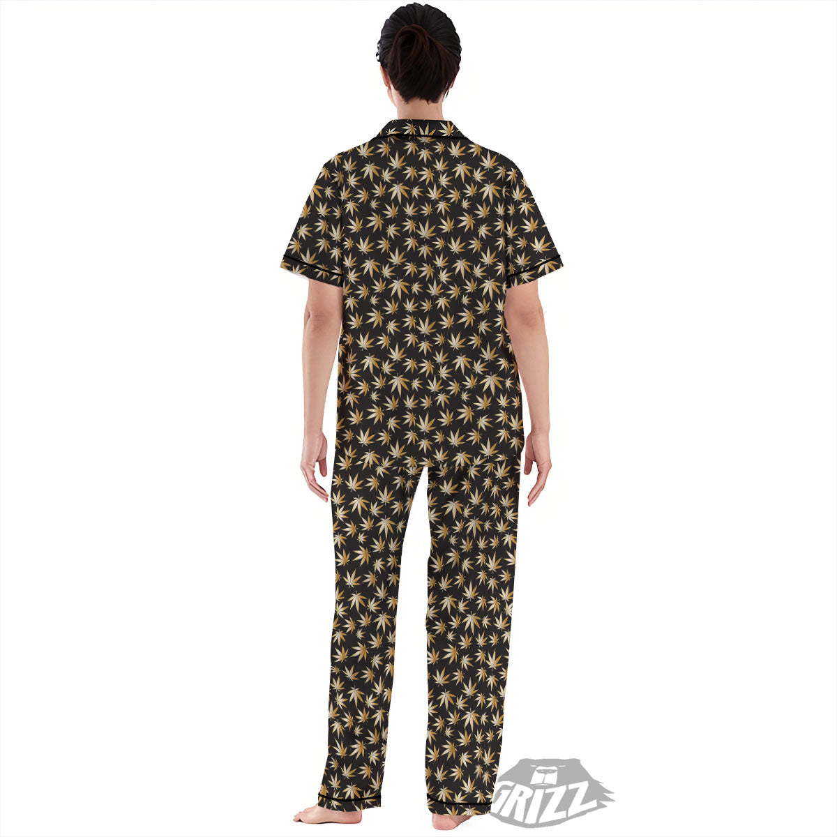 Cannabis Leaf Gold Print Pattern Women's Pajamas Set-grizzshop