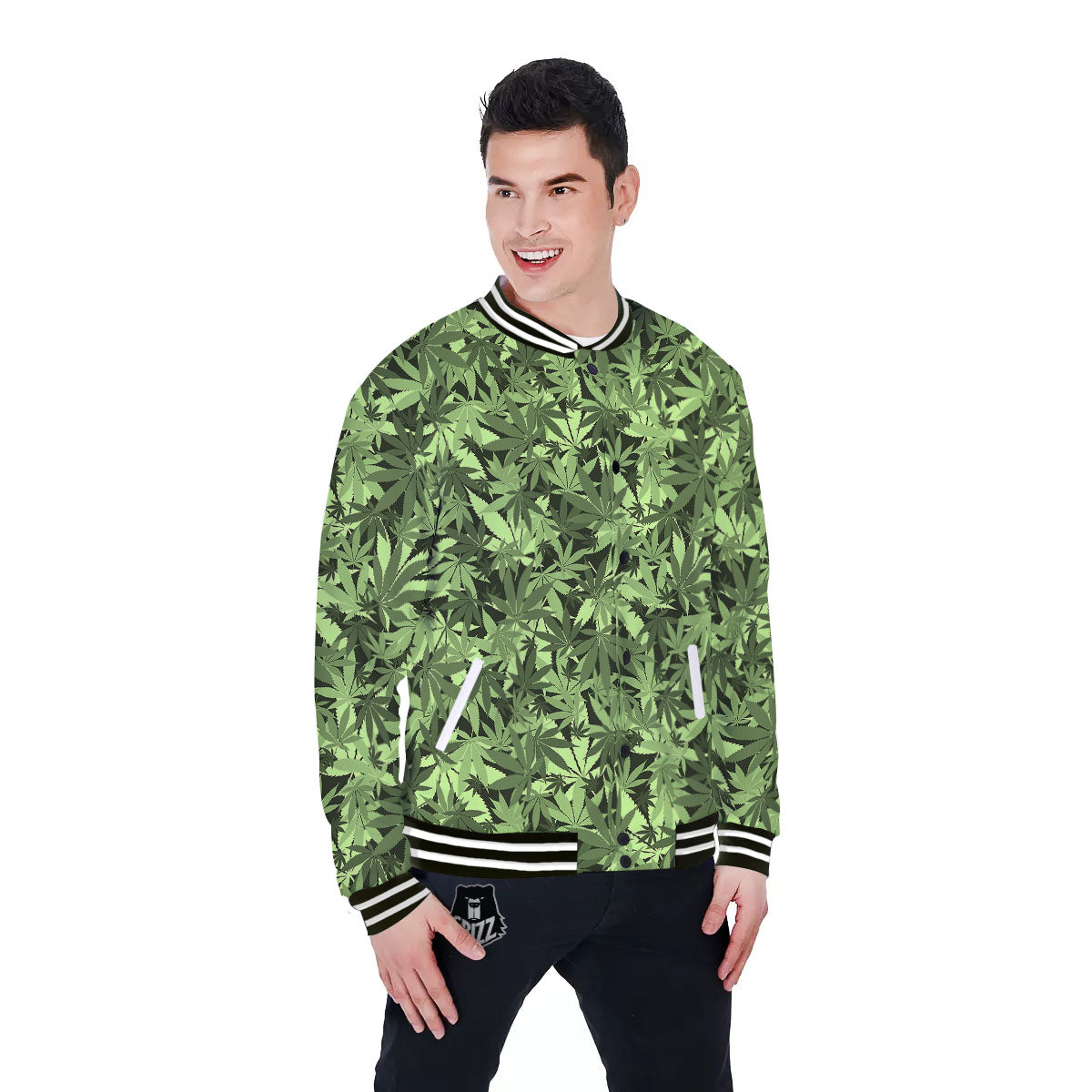 Cannabis Leaf Green Print Pattern Baseball Jacket-grizzshop