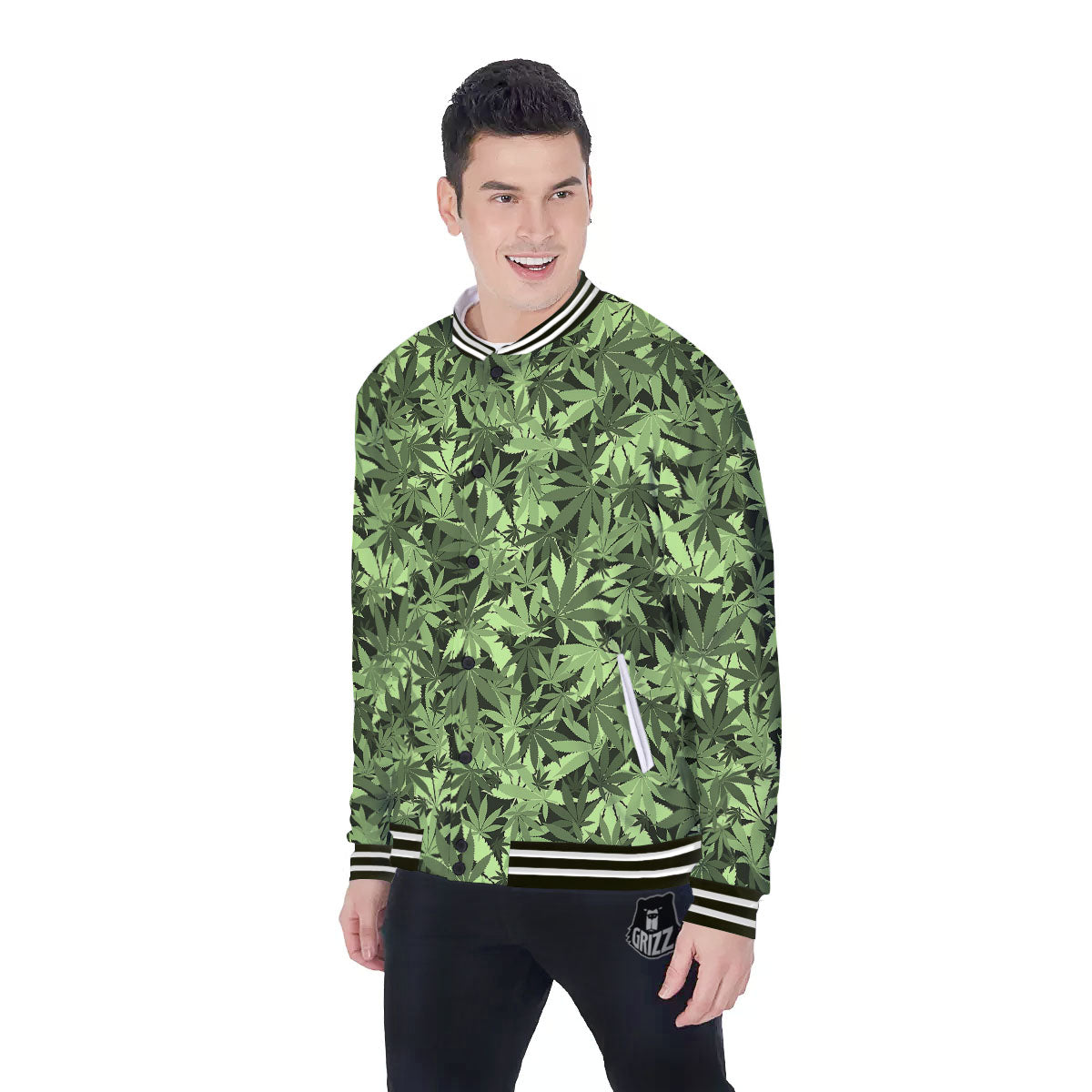 Cannabis Leaf Green Print Pattern Baseball Jacket-grizzshop