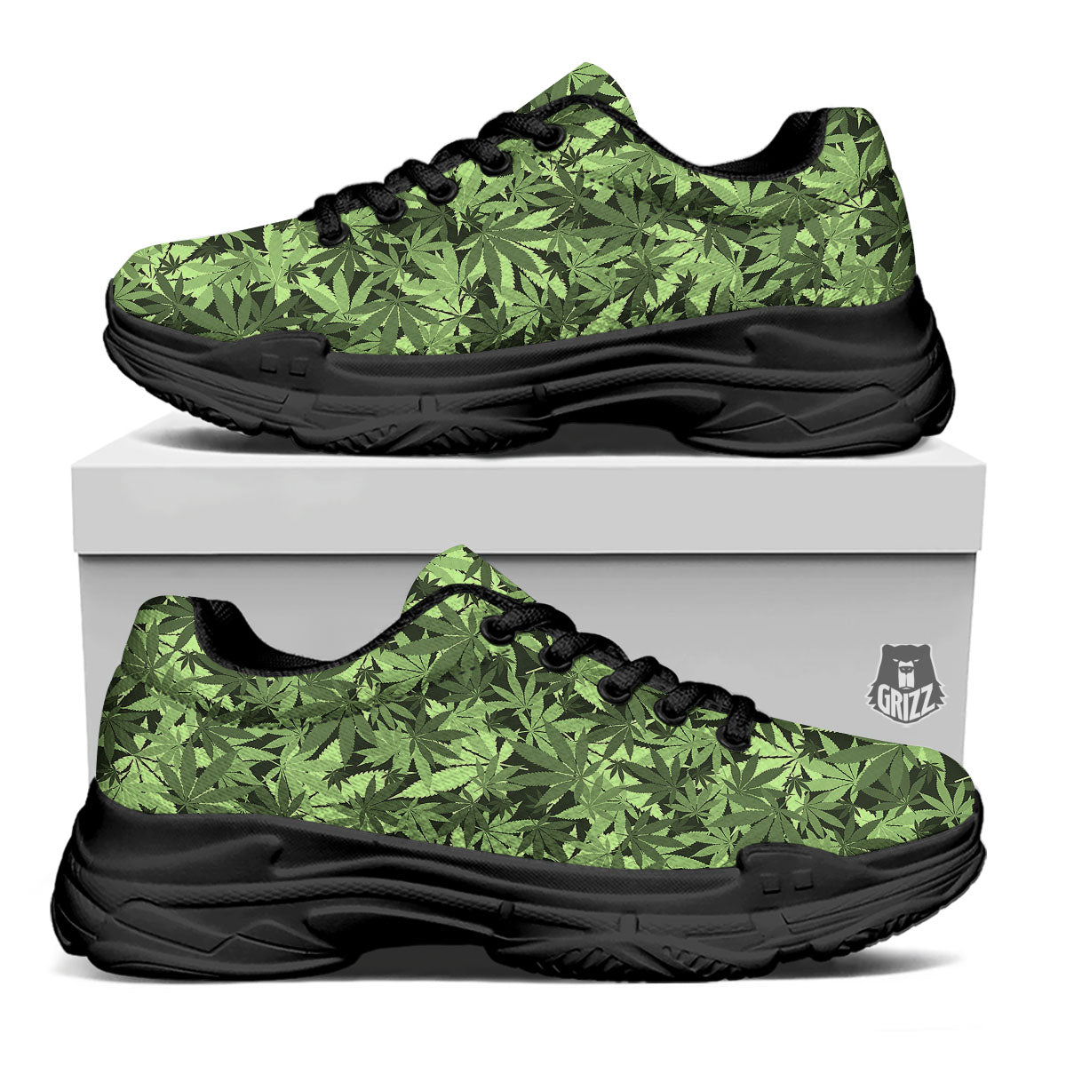Cannabis Leaf Green Print Pattern Black Chunky Shoes-grizzshop