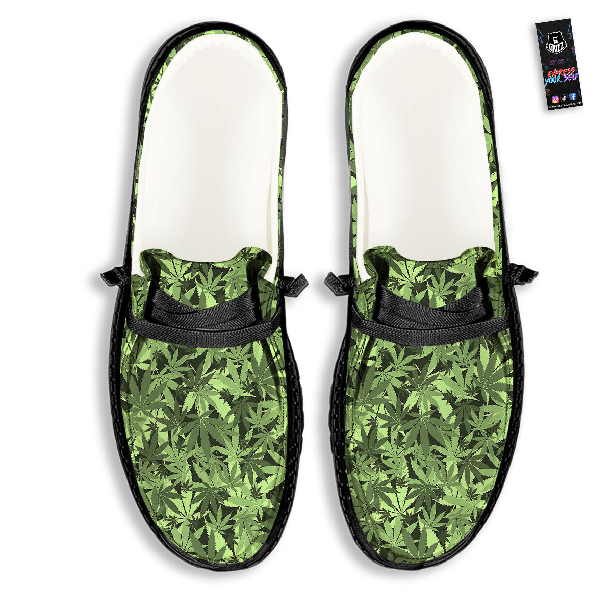 Cannabis Leaf Green Print Pattern Black Loafers-grizzshop