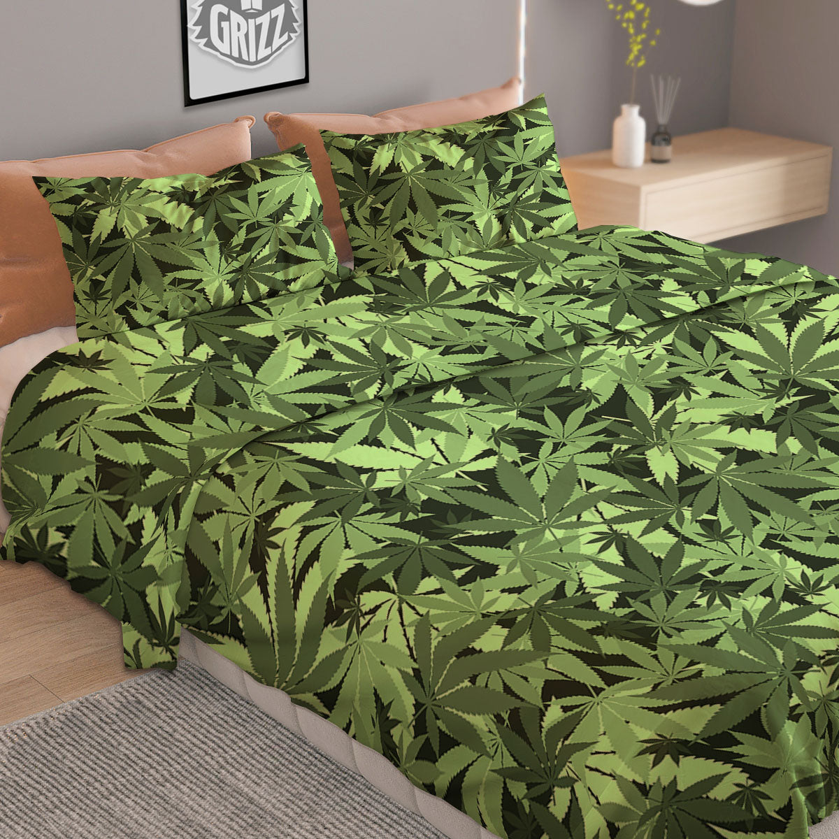 Cannabis Leaf Green Print Pattern Duvet Cover Bedding Set