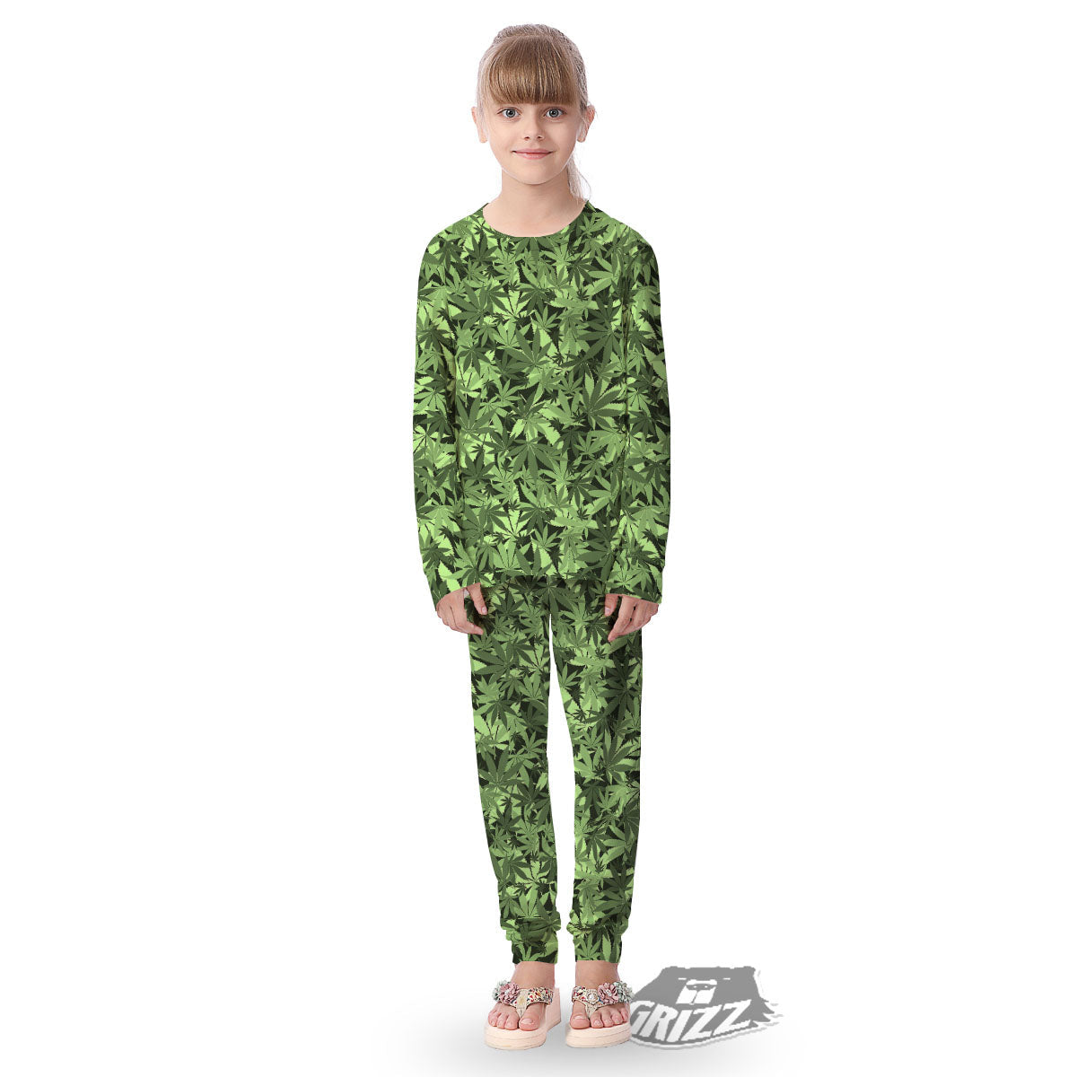 Cannabis Leaf Green Print Pattern Kid's Pajamas-grizzshop