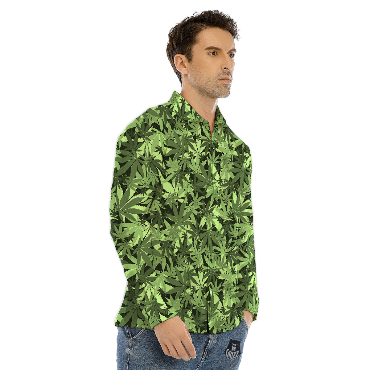 Cannabis Leaf Green Print Pattern Men's Dress Shirts-grizzshop