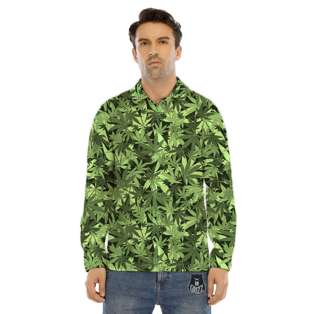 Cannabis Leaf Green Print Pattern Men's Dress Shirts-grizzshop