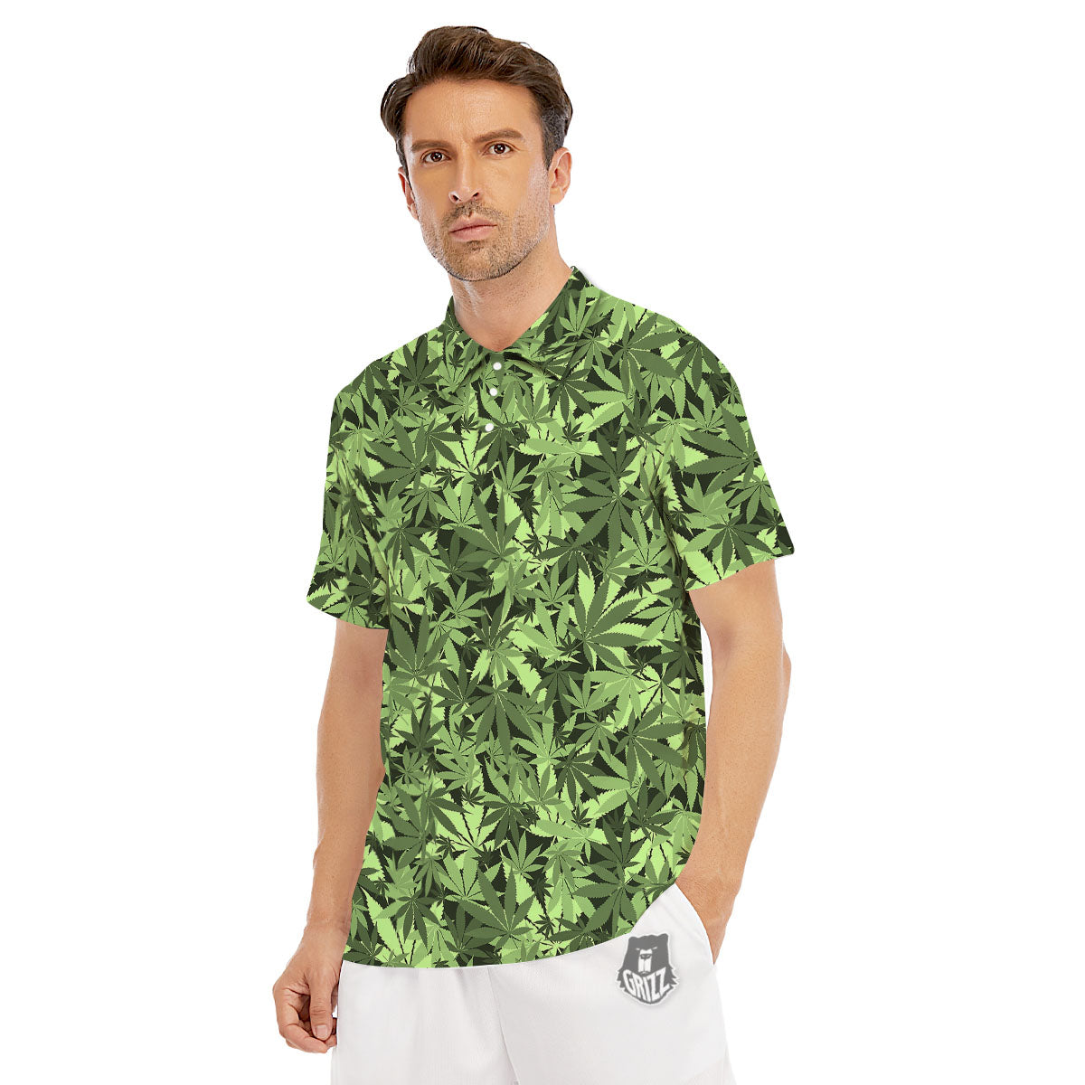 Cannabis Leaf Green Print Pattern Men's Golf Shirts-grizzshop
