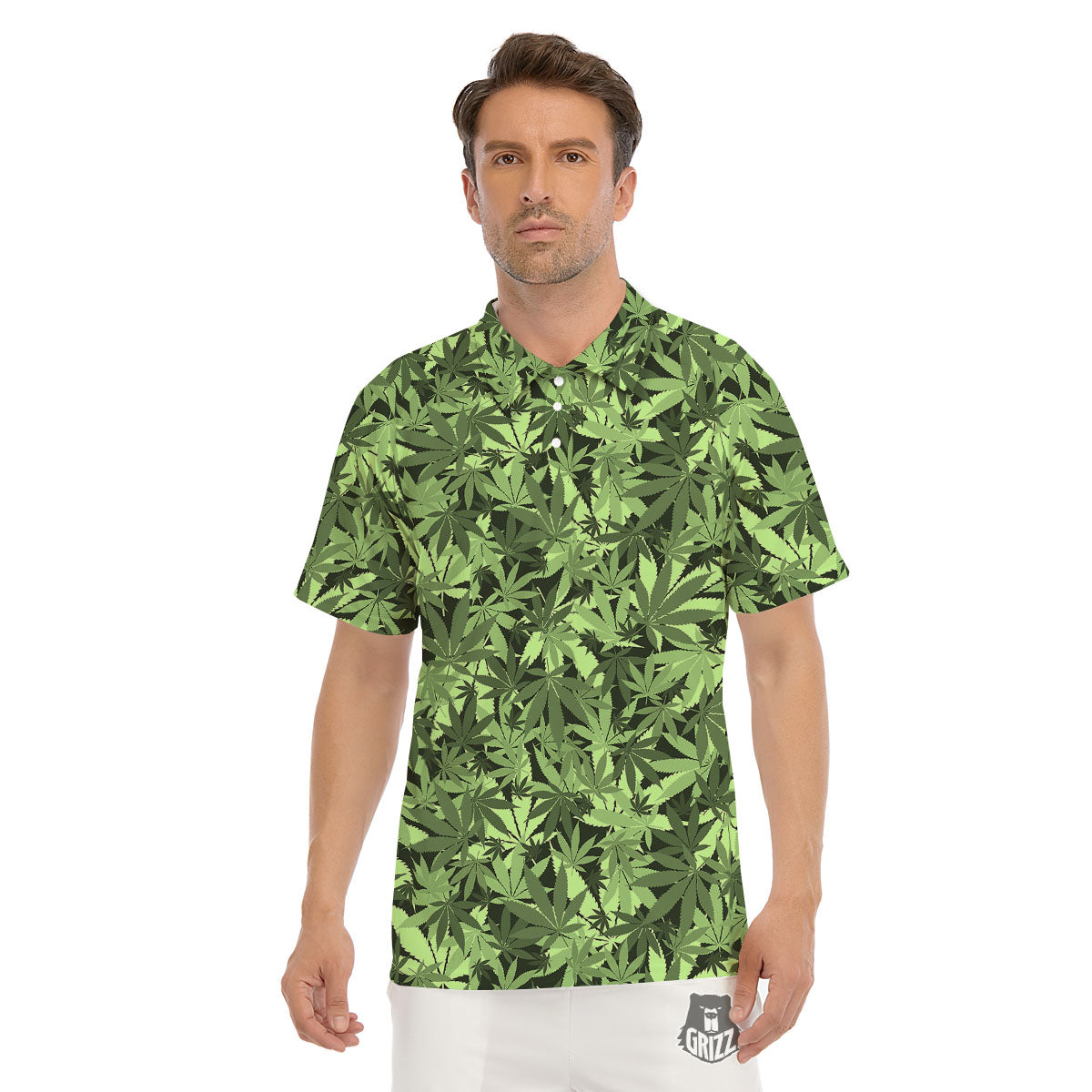 Cannabis Leaf Green Print Pattern Men's Golf Shirts-grizzshop