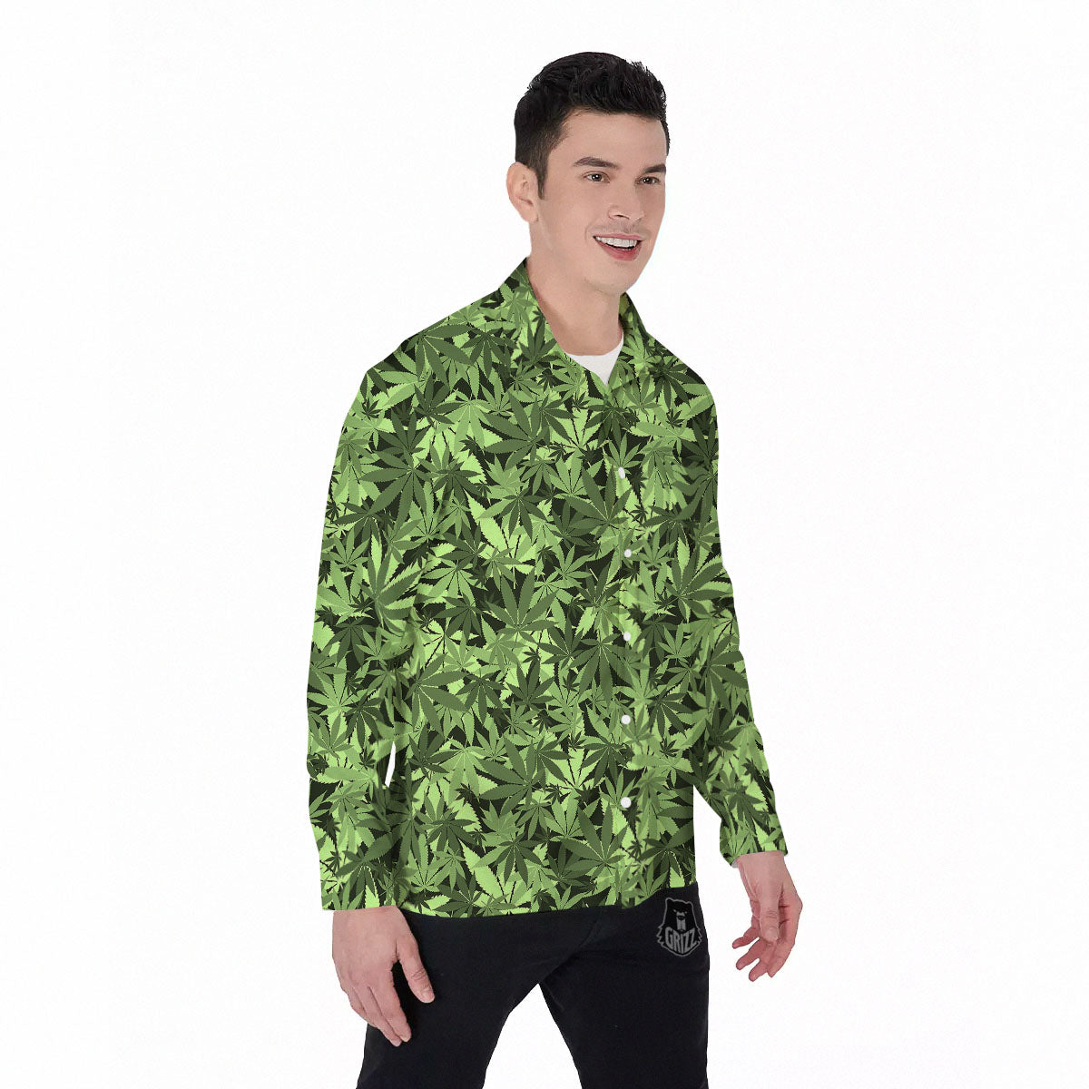 Cannabis Leaf Green Print Pattern Men's Long Sleeve Shirts-grizzshop