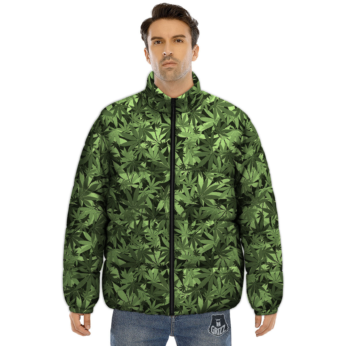Cannabis Leaf Green Print Pattern Puffer Jacket-grizzshop